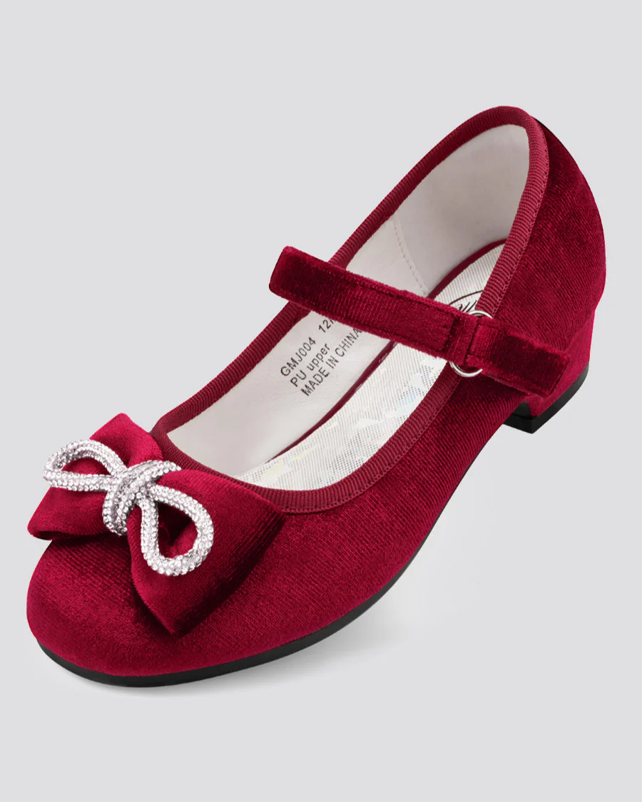 Girls Classic Mary Jane Shoes | Velvet Heels with Crystal Bows - Image 3
