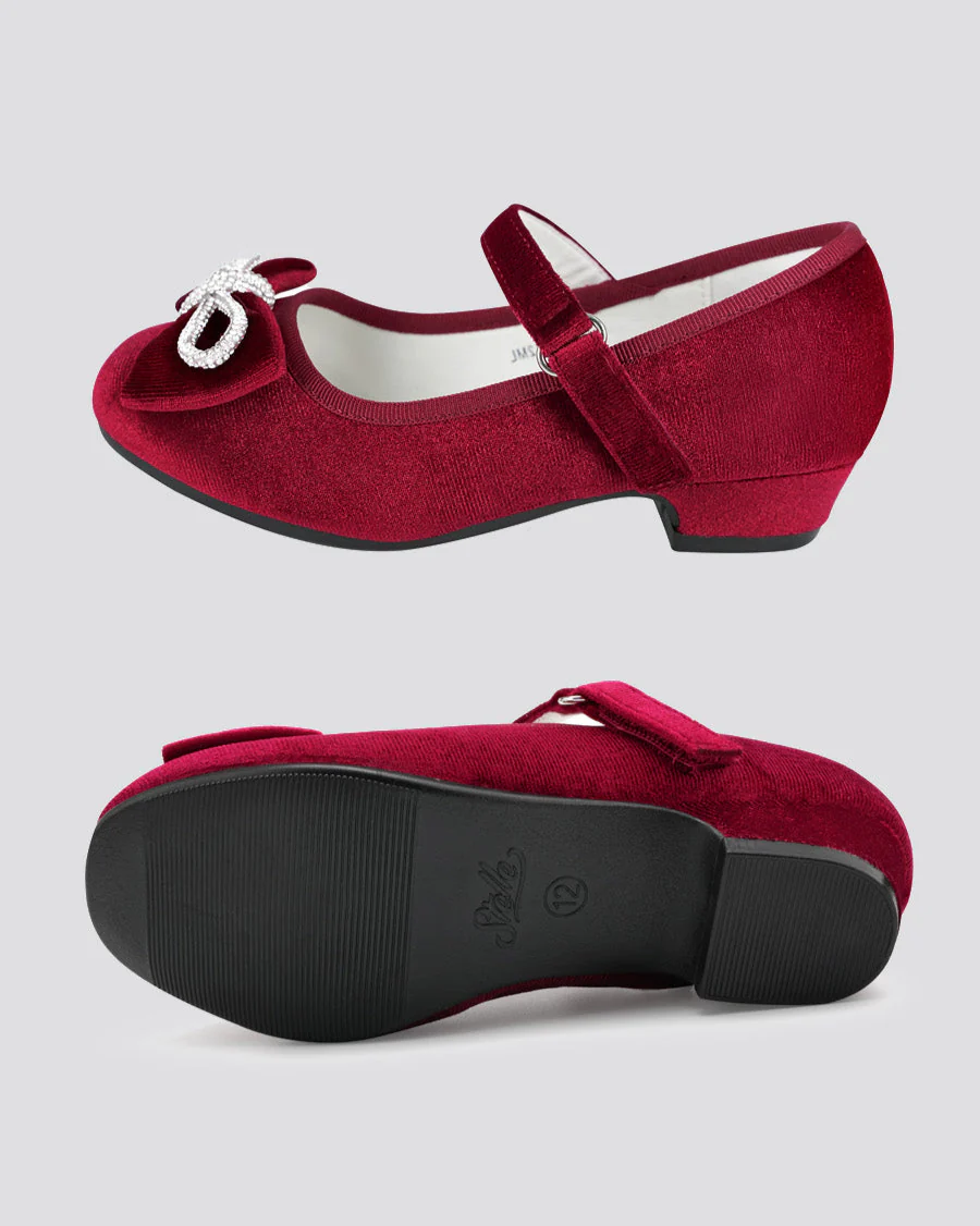 Girls Classic Mary Jane Shoes | Velvet Heels with Crystal Bows - Image 4