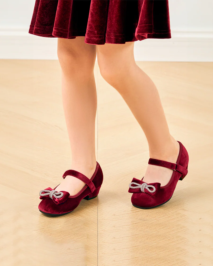 Girls Classic Mary Jane Shoes | Velvet Heels with Crystal Bows - Image 5